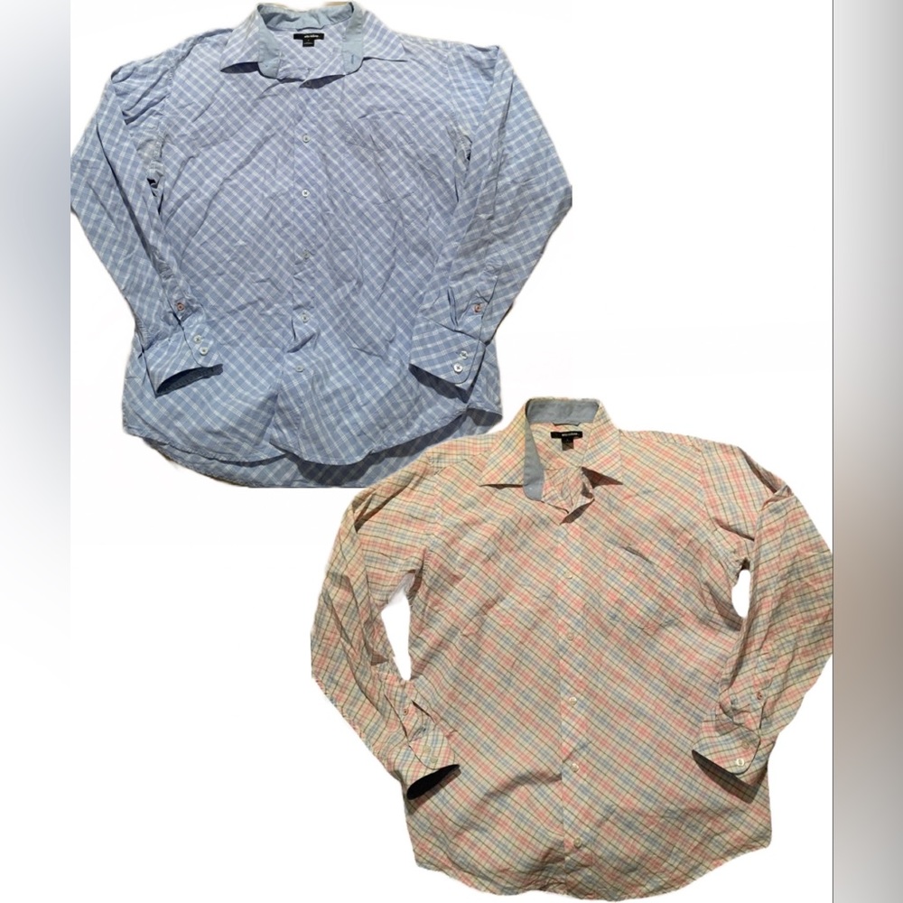 Mens lot of long sleeve plaid button up shirt casual pink light blue sz Large